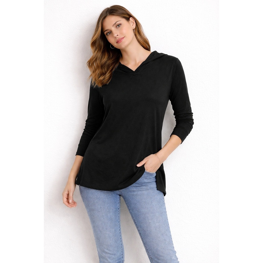 Avia Womens Black Lightweight Hooded Pullover Long Sleeve V-Neck Top Size S 4-6